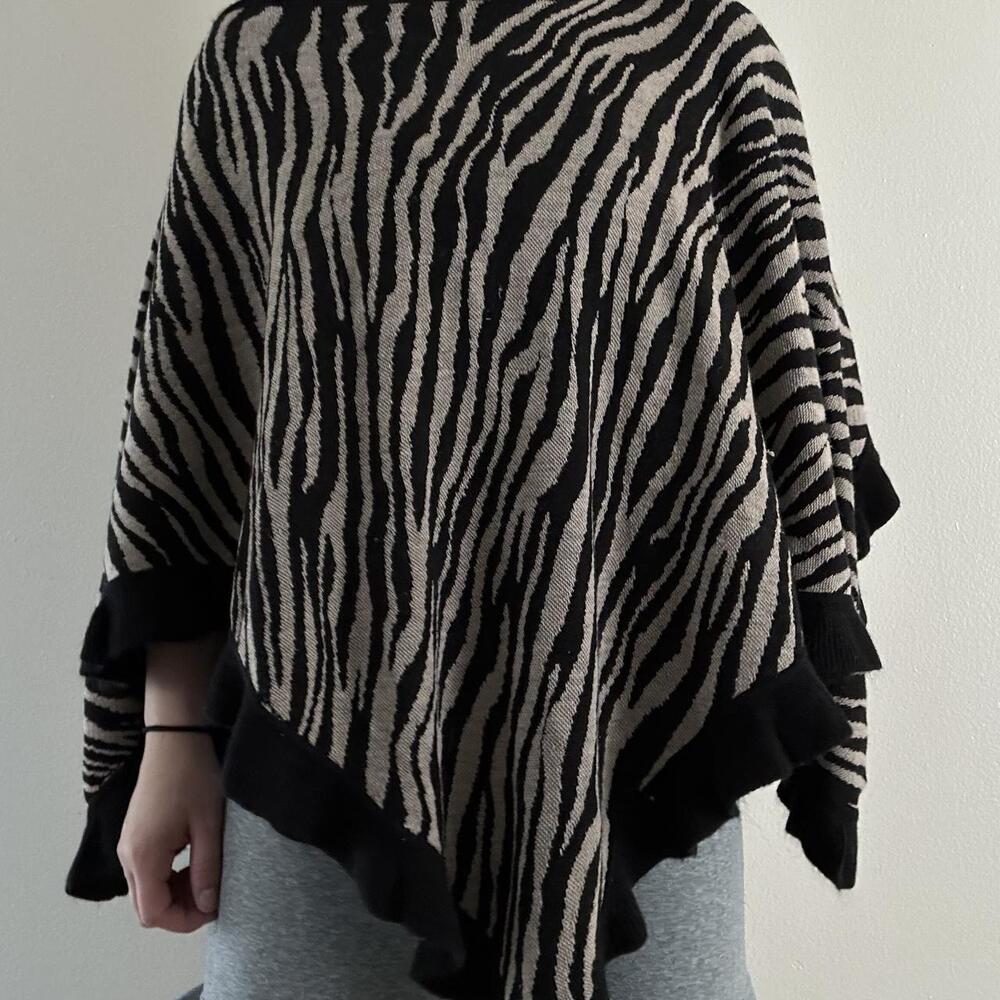 Black Beige Zebra Print Ruffle Poncho - One Size